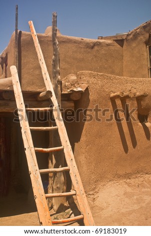 View of Taos Pueblo- a ladder to reach an upper level...Taos Pueblo is the oldest continuous occupied city in the United States.