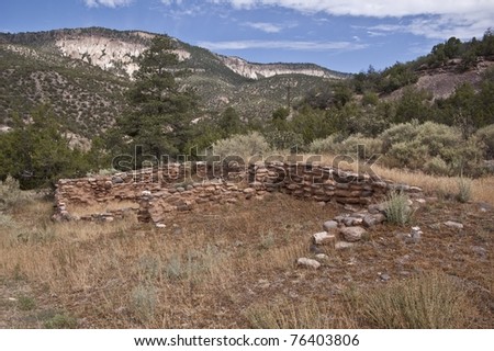 View of ancient Native American pueblo ruins from Jemez State Monument from Jemez, New Mexico