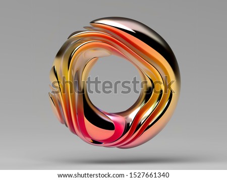 3d render of abstract ring circle zero sign or donuts in organic curved smooth forms in glossy metal material with orange red and pink gradient and glass material on grey background Foto stock © 