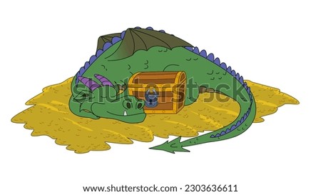 The dragon sleeps on a pile of gold curled up around a chest