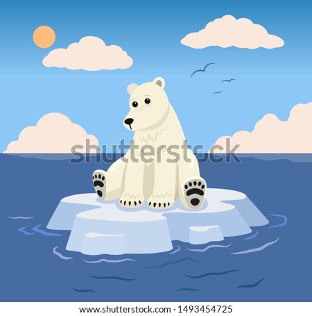 A polar bear sits on top of a melting iceberg looking sad.