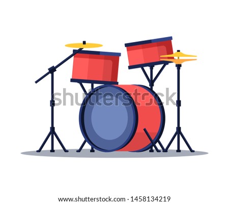 Bid drum set red color crash base isolated on a white background. Flat, retro style on white background.