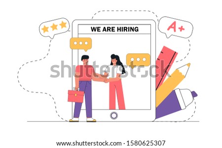 The woman manager on the screen shakes hands with the new employee. The concept of search of employees, hiring, selection of candidates for vacancies. Flat style vector illustration.