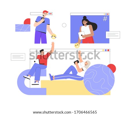 Concept of online communication and social networks. A group of people communicate with each other online, hold smartphones and laptops, and pass each other a smiley icon. 