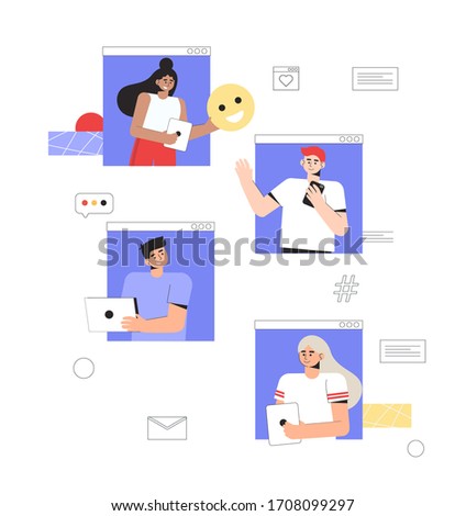 Concept of online communication and social networks. A group of people communicate with each other online, hold smartphones and laptops, and pass each other a smiley icon. 