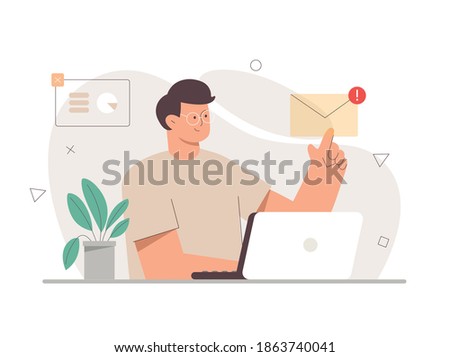 Young male character office worker working with a laptop and opens an email with his finger. On the background are icons for charts, diagrams, and infographics. Flat vector cartoon illustration.