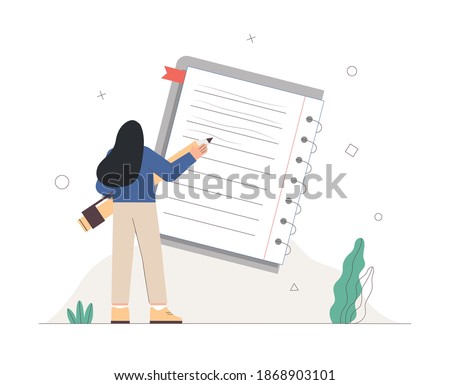 Young woman writing in notebook, take notes with giant pencil. Flat style vector illustration. The concept of successful completion of tasks, effective daily planning and time management.