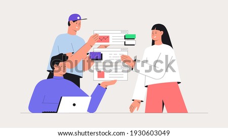 Men and women taking part in business meeting, generate ideas and testing app. Business brainstorming, UI UX design concept of creating an application. Flat ctyle vector illustration.