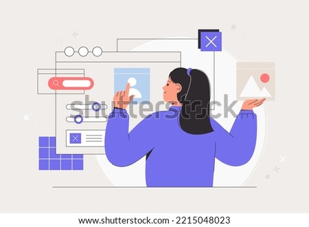 Woman working on web and application development on computers. Woman character working on website or application, ui ux design and programming. Flat vector style illustrations.