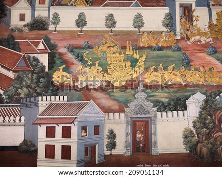 Bangkok, Thailand - July 27, 2014 : Old Mural in Wat Phra Kaew Temple.