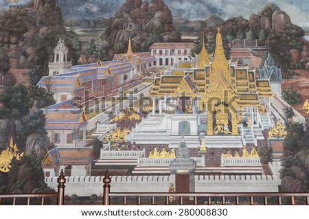 Bangkok, Thailand- April 13, 2015: Painting wall in Wat Phra keaw