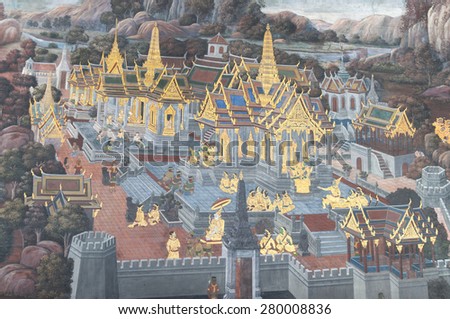Bangkok, Thailand- April 13, 2015: Painting wall in Wat Phra keaw