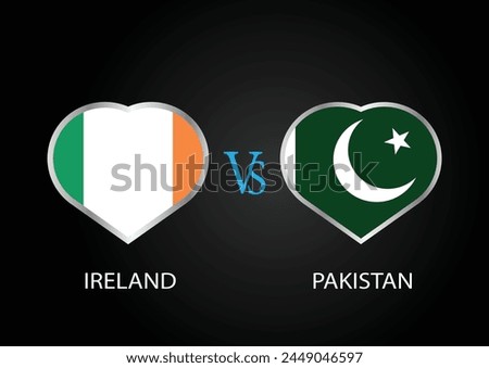 Ireland Vs Pakistan, Cricket Match concept with creative illustration of participant countries flag Batsman and Hearts isolated on black background