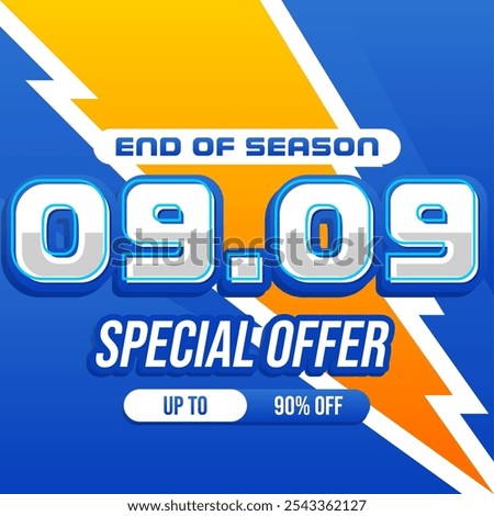 Bold end-of-season sale banner with a blue and orange theme, featuring 01.01 date, 'Special Offer' and up to 90% off. Eye-catching lightning bolt background, ideal for attracting attention to discount