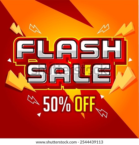 Bright Flash Sale banner in red and orange with bold '50% OFF' text and lightning graphics. Perfect for highlighting time-sensitive discounts, creating excitement, and attracting quick shopper attenti