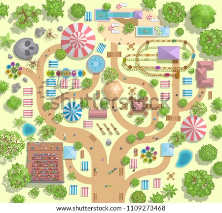 Vector illustration. Amusement park in the form of a tree. (Top view) Attractions, paths, circus, trees, plants, tents. (View from above)