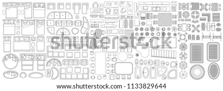 Set of linear icons. Interior top view. Isolated Vector Illustration. Furniture and elements for living room, bedroom, kitchen, bathroom. Floor plan (view from above). Furniture store.