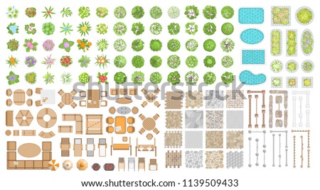 Vector set for landscape design. Outdoor furniture, architectural elements, trees and flowers. (top view) Fences, paths, tile, benches, tables, chairs, sun loungers, umbrellas. (view from above)