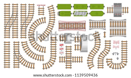 Vector set. Railroad and railway tracks construction elements. Top view. Rails, tunnels, bridges, wagons and elements. View from above.