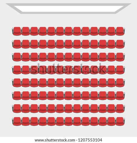 Cinema theater hall. (top view) Cinema auditorium with screen and seats. (View from above)