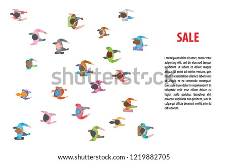 Vector illustration. People run to the sales event. Top view. A group of different people running. View from above. Space for text.