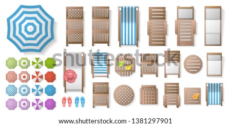 Icons set. Outdoor furniture and patio items. (top view) Isolated Vector Illustration. Tables, chairs, sunbeds, umbrellas. (view from above). 