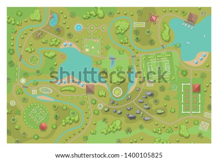 A vector illustration of amusement park map. (Top view) Attractions, paths, lake, river, plants, playground. (View from above)