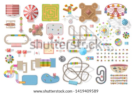 Set of landscape elements. Amusement park. Top view.
Attractions. View from above.