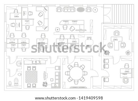 Vector illustration. Office. Top view.
Working space. 
Office room, meeting room, reception, restroom, office furniture, cabinets, desks, chairs, computers. View from above.