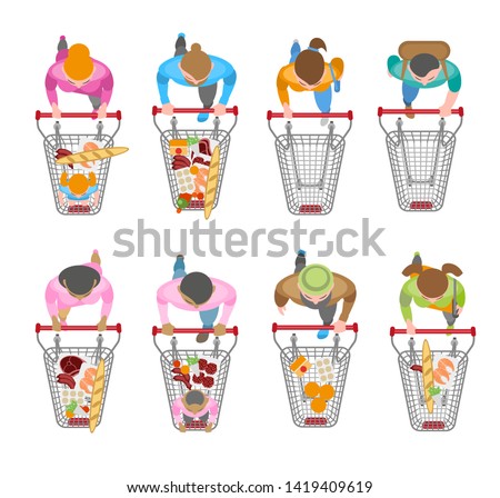 Vector set. People with shopping carts. Top view. Buyers in the store. View from above.