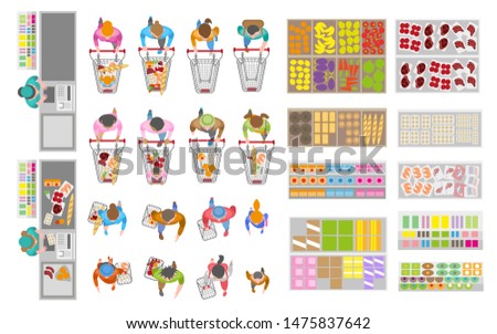 Vector set. Food store. Top view. Buyers in the store. Shop cash desk. Showcases and counters. People with shopping carts. View from above.