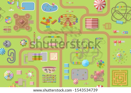 Seamless pattern. Amusement Park. (Top view) Attractions, paths, circus, plants, tents. (View from above)