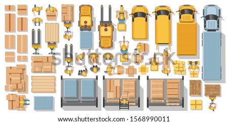 Vector set. Warehouse and delivery.  Machines, equipment, warehouse workers, suppliers, parcels. Top view. Logistics icons set with cargo symbols.
Logistic infographics. View from above.