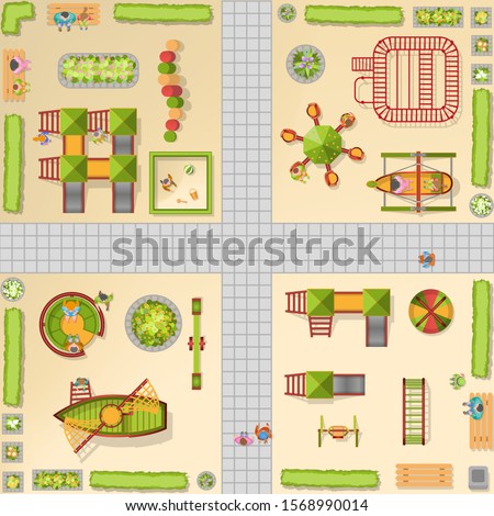 Vector illustration. Kindergarten or kids playground in city park. Top view.   Kids playground with playing equipment. View from above.
