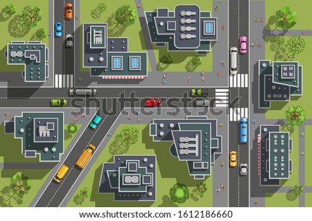 Vector illustration. City top view. Streets, houses, buildings, roads, crossroads,  trees, cars. (view from above) 