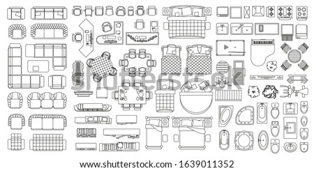 Set of linear icons. Interior top view. Isolated Vector Illustration. Furniture and elements for living room, bedroom, bathroom, kitchen. Floor plan (view from above). Furniture store.