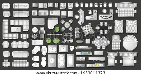 Icons set of interior. Furniture top view. Elements for the floor plan. (view from above). Furniture and elements for living room, bedroom, kitchen, bathroom, office.