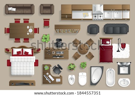 Vector set. Furniture for the bedroom, living room, kitchen, office, bathroom. Top view. Double bed, desk, sofa, wardrobe, bath, sink, chair. View from above.