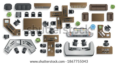 Vector set. Office furniture. (top view) Desks, chairs, cabinets, sofas, computers, conference room, reception. (view from above)