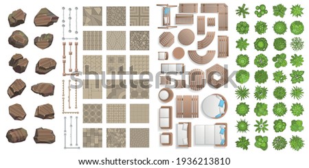 Vector set for landscape design. Outdoor furniture, architectural elements, trees. (top view) Fences, paths, tile, benches, tables, chairs, sun loungers. (view from above)