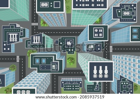 Vector illustration. City top view. Realistic perspective. Streets, houses, buildings, roads, crossroads. (view from above) 