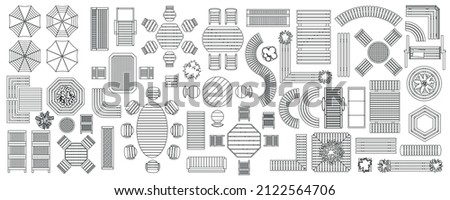 Set of linear icons. Outdoor furniture and patio items. (top view) Isolated Vector Illustration. Tables, benches, chairs, sunbeds, paths, pool, swings, umbrellas. (view from above). Furniture store.
