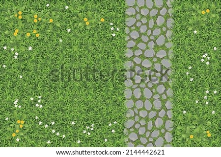 Landscape design. Grass with stone path. Top view. Walkway landscape with stone path, paving flagstone. View from above.