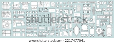Vector set. Architectural elements and furniture for the floor plan. Top view. Beds, sofas, kitchens, chairs, doors, windows, wardrobes, trainers, tables, baths, toilet bowls. View from above.