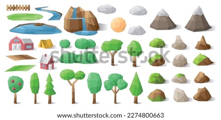 Polygonal landscape constructor icons set. Trees, mountains, hills, waterfall, river, lake, clouds and sun.
Low poly vector illustration. Creator kit. Cute scene maker.