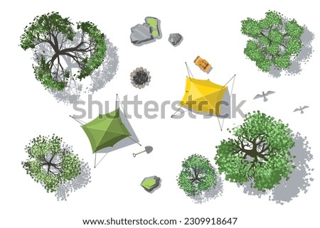 Vector illustration of a tourist clearing with tents, backpacks, fire pit, trees, birds. View from above. Active leisure. Camping. Top view. Ecotourism.