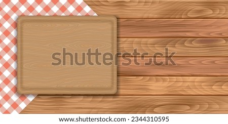 Vector illustration of a cutting board on a  red and white plaid linen napkin on a brown wooden table. Top view.