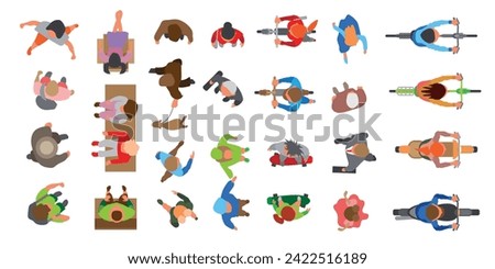 A set of vector images of different people. Top view. People line, walk, skateboard, bike, scooter, walk a dog, stand, sit, hold hands. View from above. Isolated vector image
