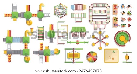 Top view. A set of elements for a children's outdoor playground, slides, stairs, houses, swings, sandboxes, mazes, children, parents sitting on a bench. Vector illustration. View from above