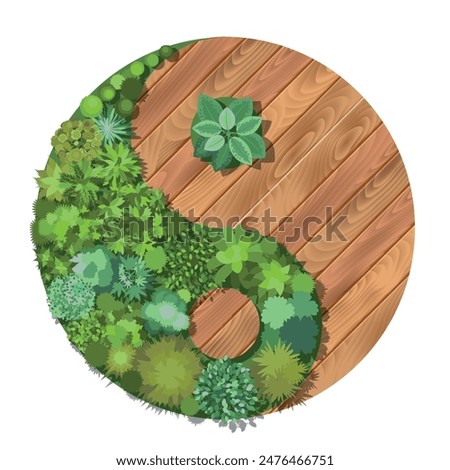 Top view of the Yin Yang sign in the form of a wooden deck and a lawn with green grass, plants, trees and bushes. View from above. Vector illustration.